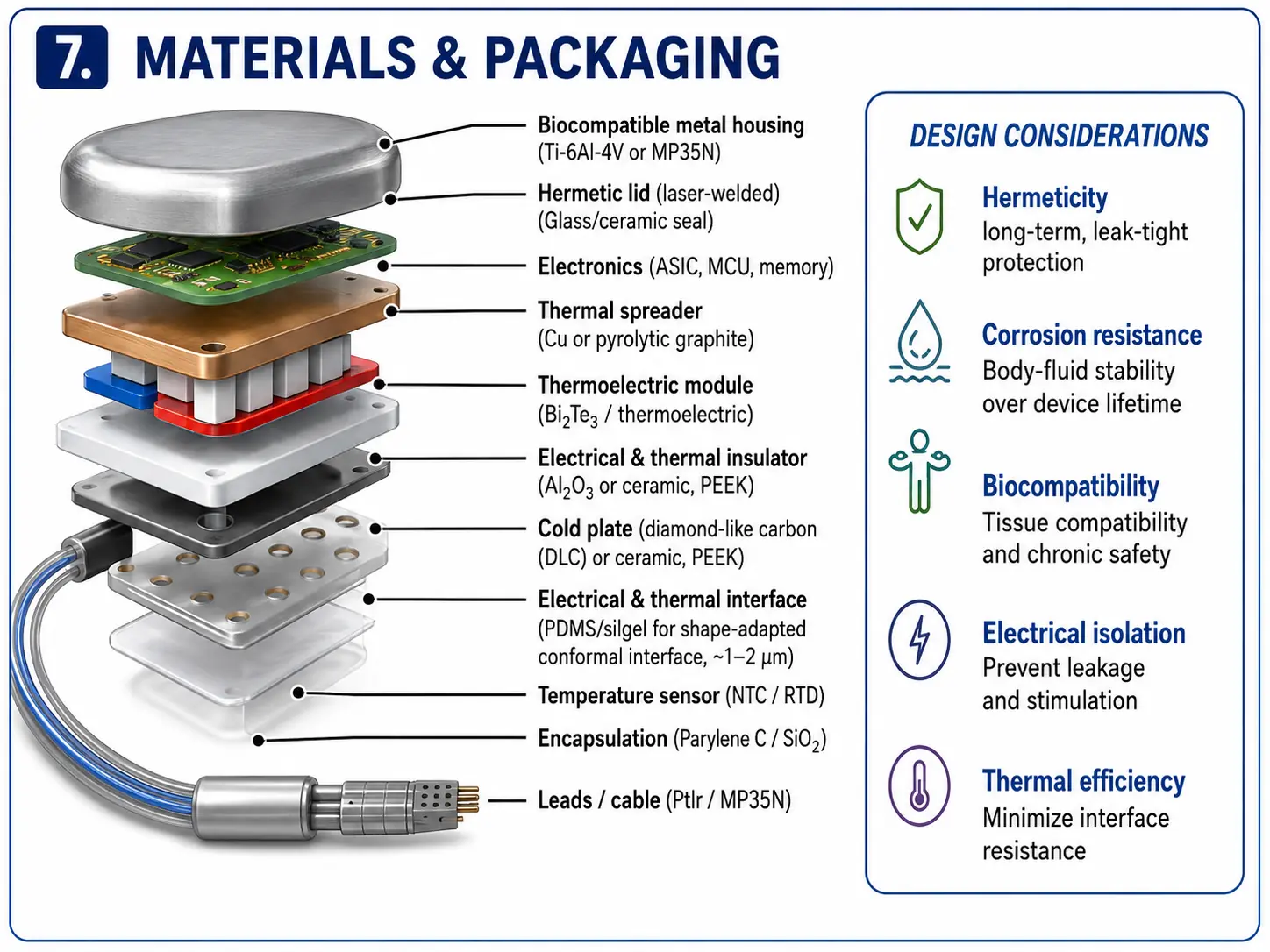 Exploded conceptual stack showing proposed housing, electronics, thermal spreader, thermoelectric module, insulation, cold plate, interface, and sensors