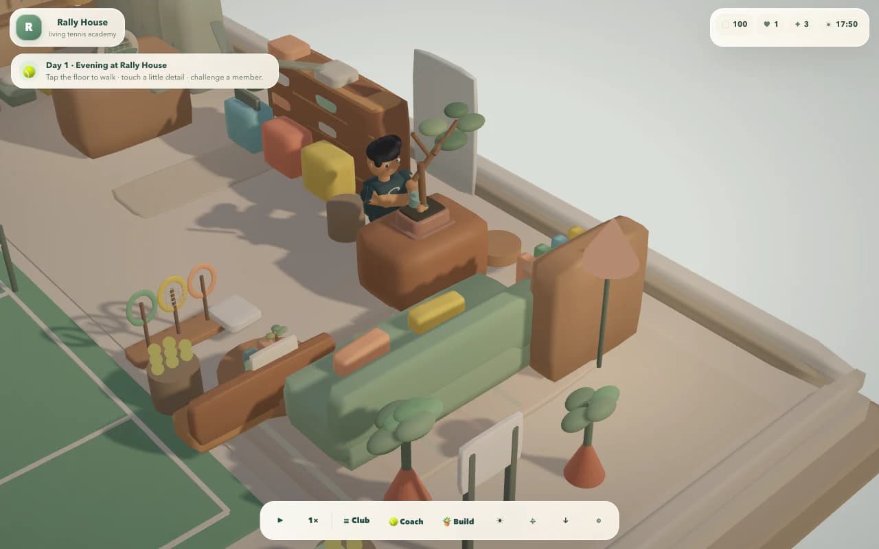 Actual gameplay: the player pours from a small watering can into the bonsai’s soil