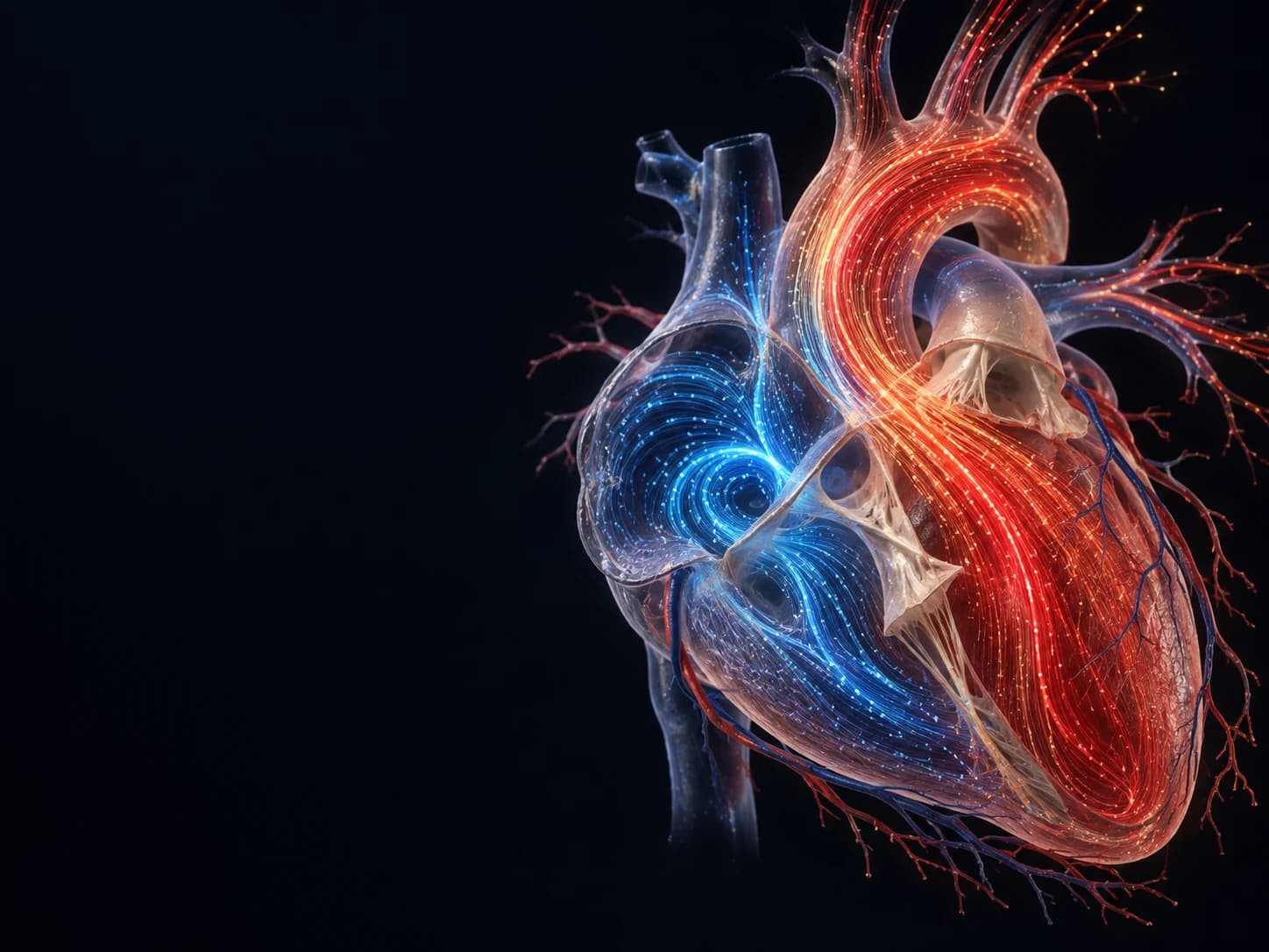 Heart with red and blue computational flow streamlines
