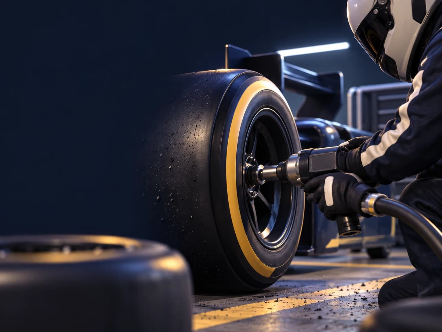 Race car wheel being changed during a pit stop