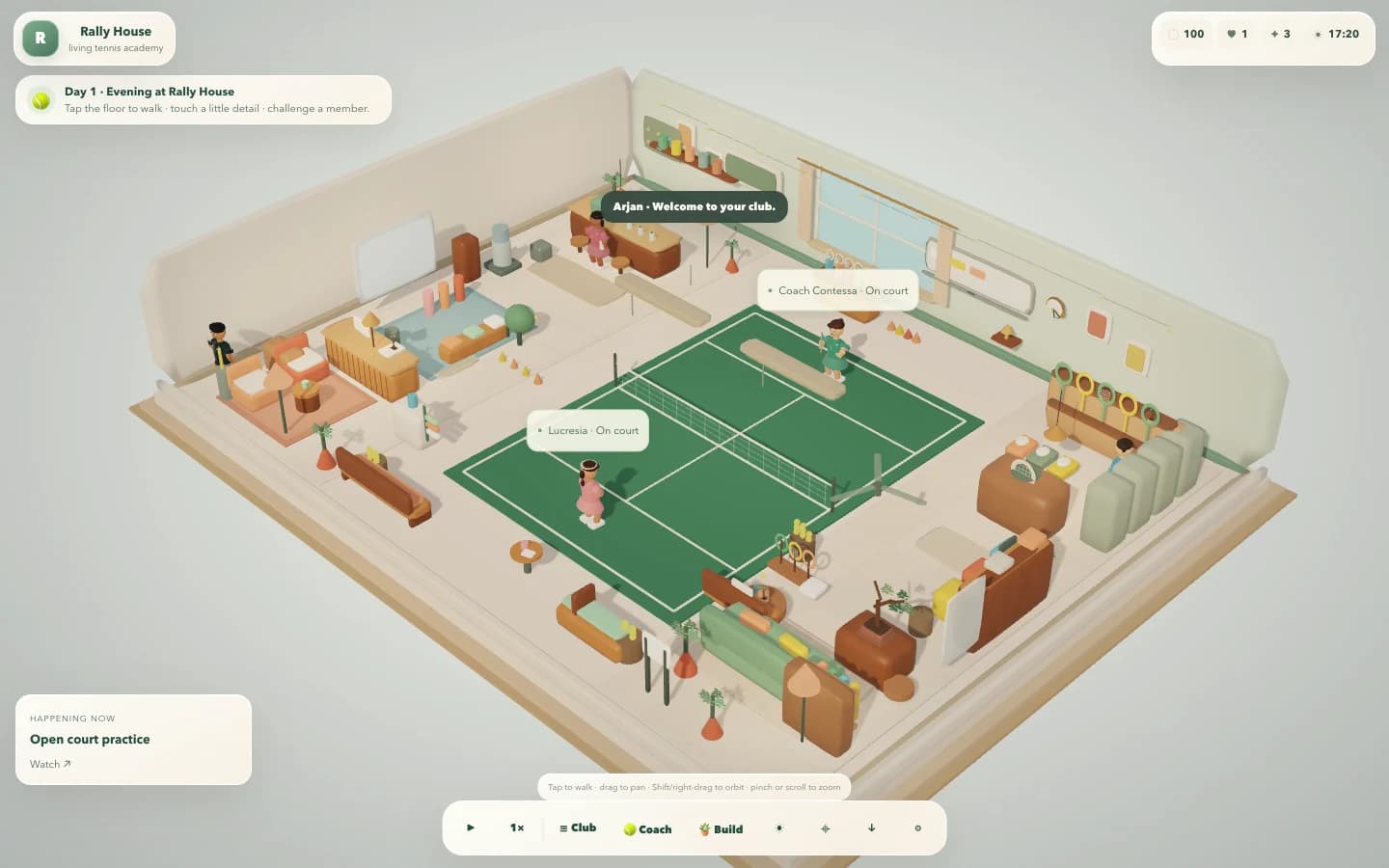 Cozy Rally House tennis clubhouse with friends chatting and playing